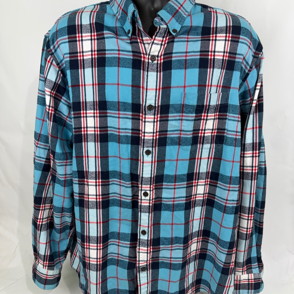 Lands End Flannel Shirt Button Down Men's  XL Paid Blue Heavy Weight 17.5 Neck - Picture 2 of 7